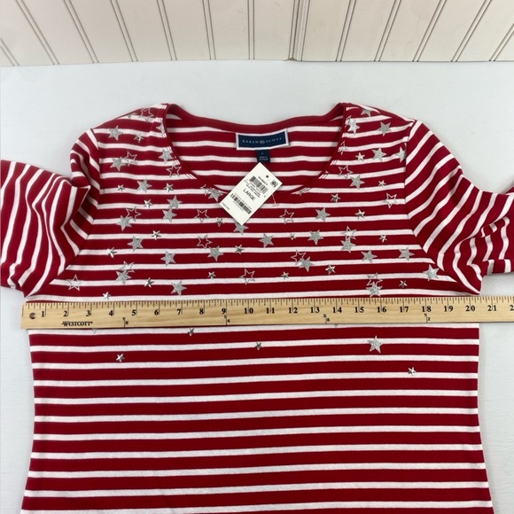 Karen Scott Red and White Striped w/Small Metal Stars Short‎ Sleeve Tee Sz L - Picture 8 of 11